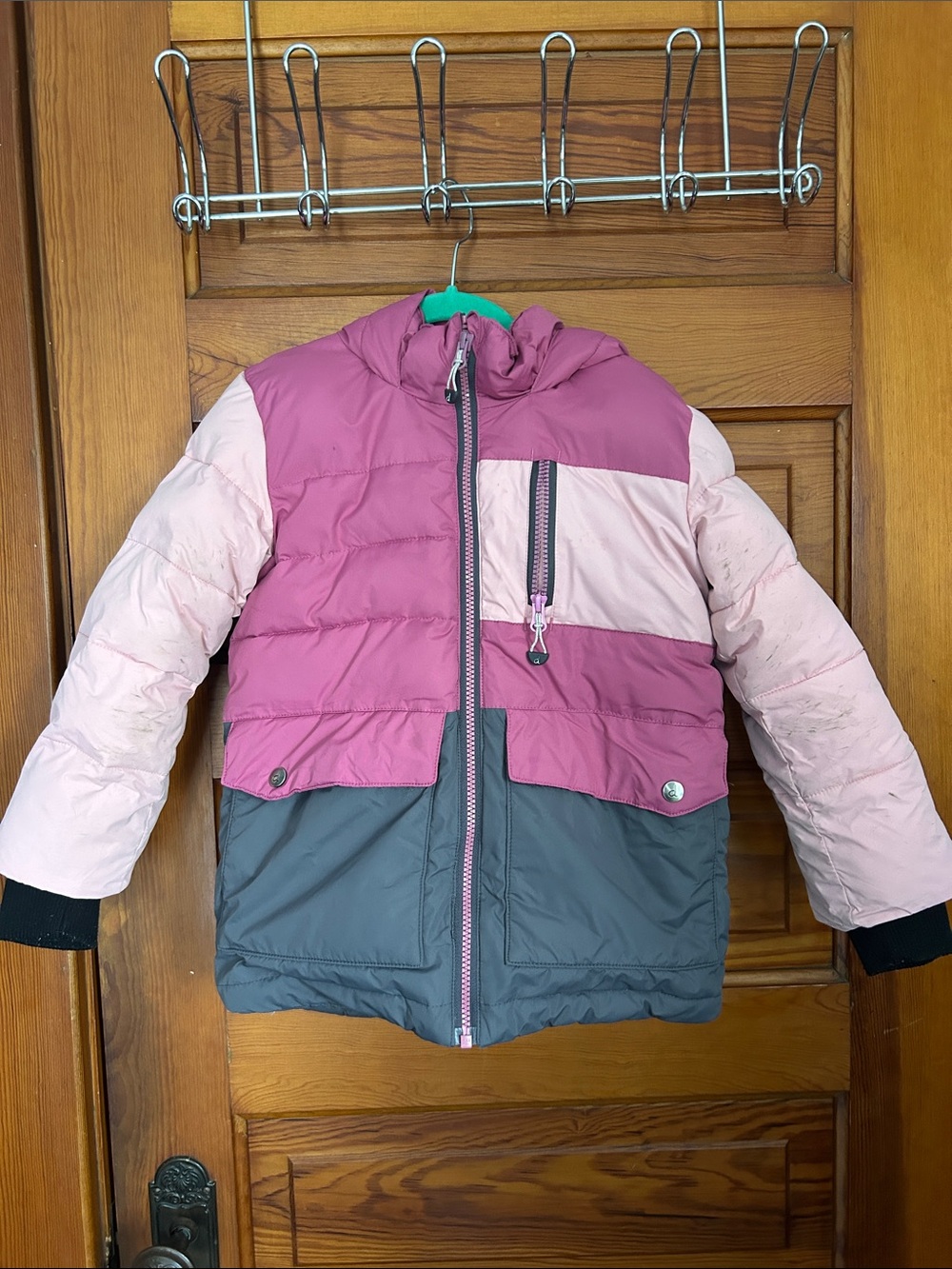 deux par deux Girls' Pink, Light Pink & Gray Colorblock Puffer Jacket - 5T
